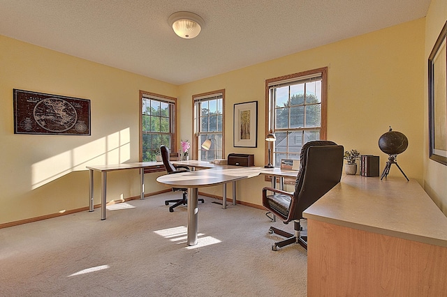 office space featuring light carpet, a textured ceiling, plenty of natural light, and baseboards