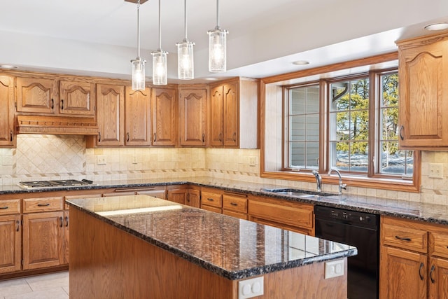 kitchen featuring a kitchen island, stainless steel gas cooktop, a sink, decorative backsplash, and black dishwasher