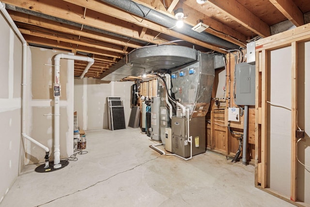 unfinished basement with heating unit, gas water heater, and electric panel