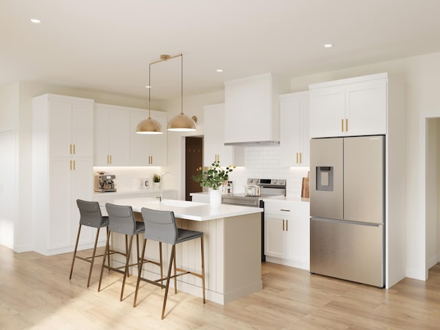 kitchen featuring stainless steel appliances, light countertops, custom range hood, and white cabinetry