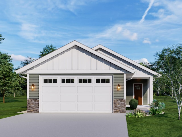 modern farmhouse style home featuring board and batten siding, a front yard, concrete driveway, and stone siding