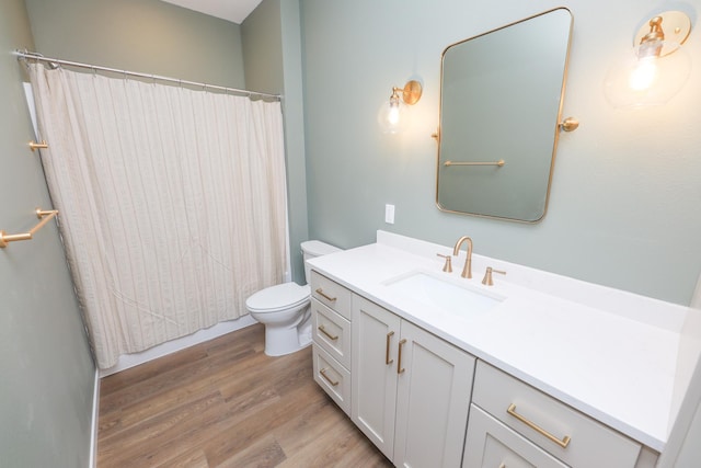 bathroom with toilet, vanity, and wood finished floors