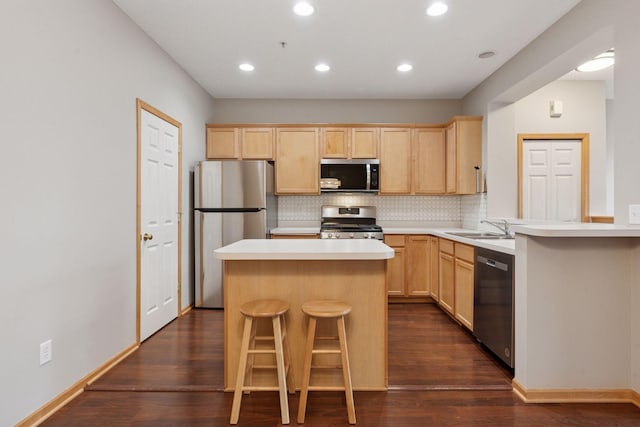 kitchen featuring a sink, stainless steel appliances, and light brown cabinets