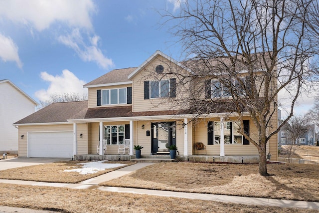 traditional-style house with a garage, roof with shingles, covered porch, and driveway