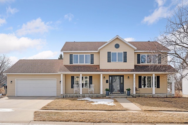 view of front of home featuring a garage, roof with shingles, covered porch, and driveway