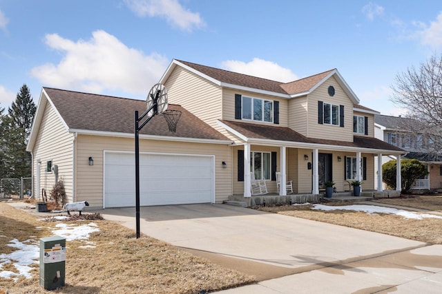 view of front of house featuring a porch, fence, roof with shingles, concrete driveway, and a garage