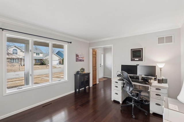 home office with visible vents, dark wood-style floors, and ornamental molding