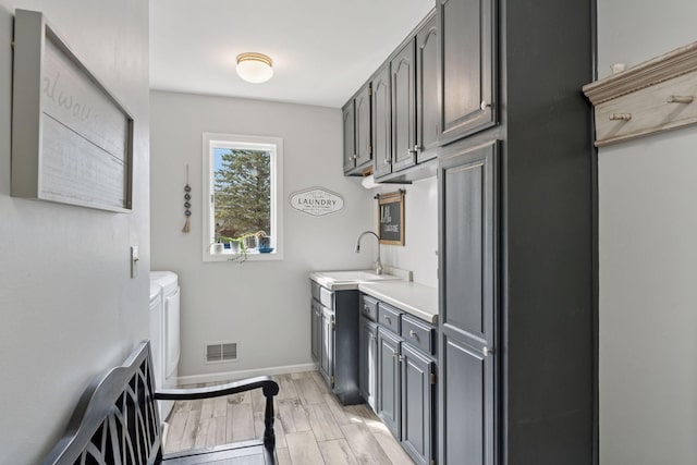 laundry room featuring visible vents, a sink, cabinet space, separate washer and dryer, and light wood-style floors