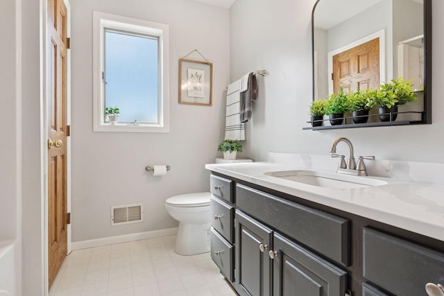 bathroom with visible vents, baseboards, toilet, and vanity