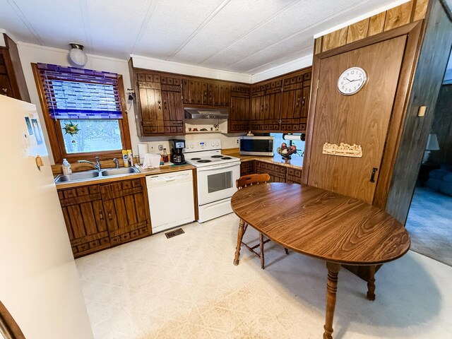 18863 State Highway 65, Goodland Twp, MN 55742 - kitchen featuring light floors, light countertops, a sink, white appliances, and under cabinet range hood