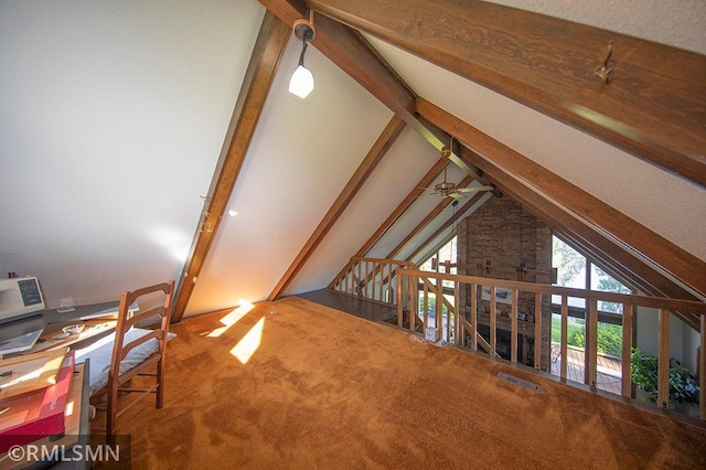 bonus room featuring carpet flooring and lofted ceiling with beams