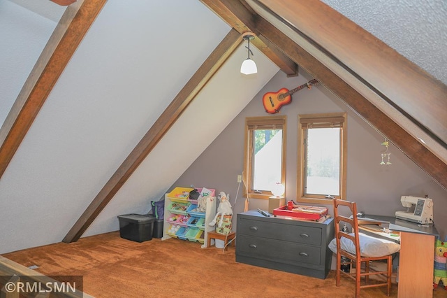 interior space with carpet and lofted ceiling with beams