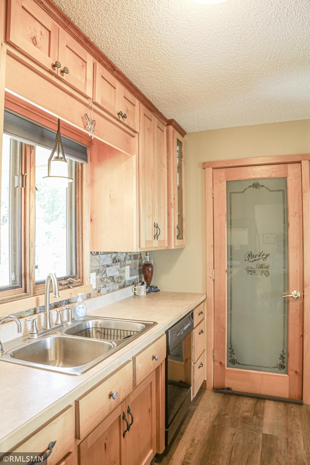 kitchen featuring black dishwasher, light countertops, dark wood-style flooring, and a sink