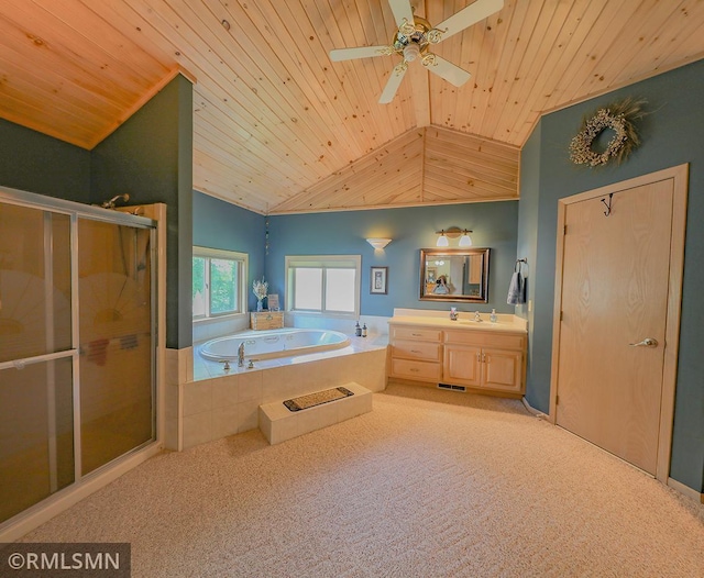 bathroom with lofted ceiling, wood ceiling, a garden tub, vanity, and a shower stall