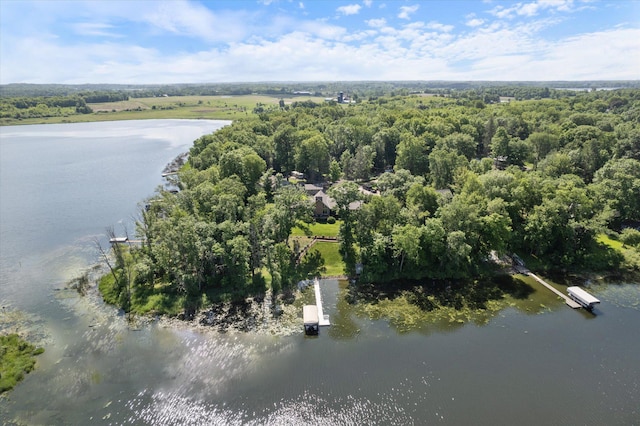 drone / aerial view featuring a water view and a view of trees