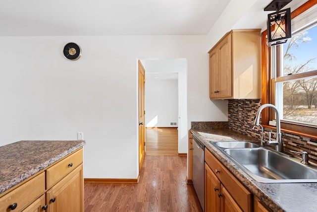 kitchen featuring decorative backsplash, stainless steel dishwasher, a sink, wood finished floors, and baseboards