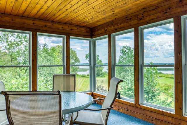 sunroom with wood ceiling and a water view