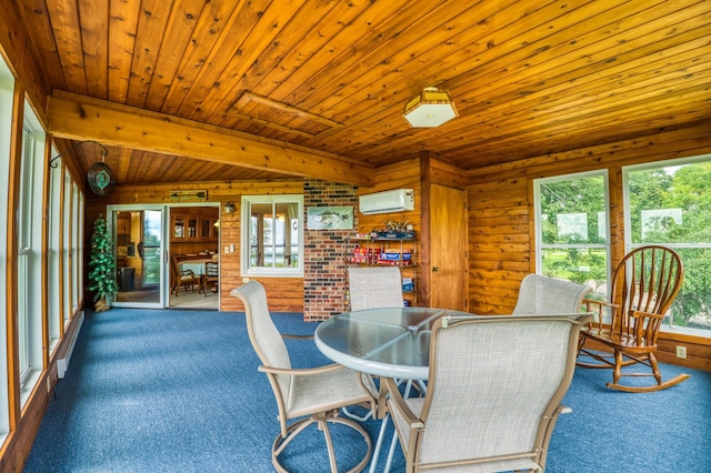 dining room featuring wooden ceiling, a wall mounted air conditioner, dark colored carpet, wood walls, and beam ceiling