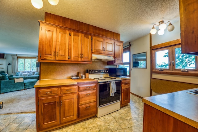 kitchen featuring black microwave, electric stove, light countertops, and under cabinet range hood