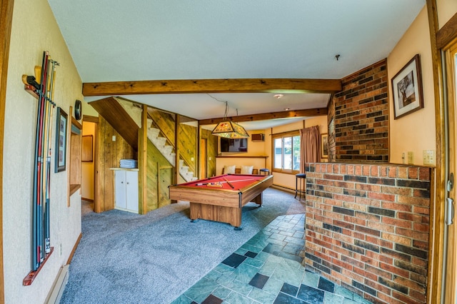 playroom featuring billiards, stone finish floor, dark colored carpet, and beam ceiling