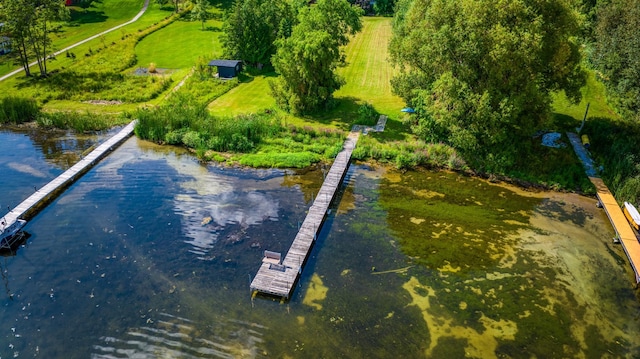 bird's eye view with a water view