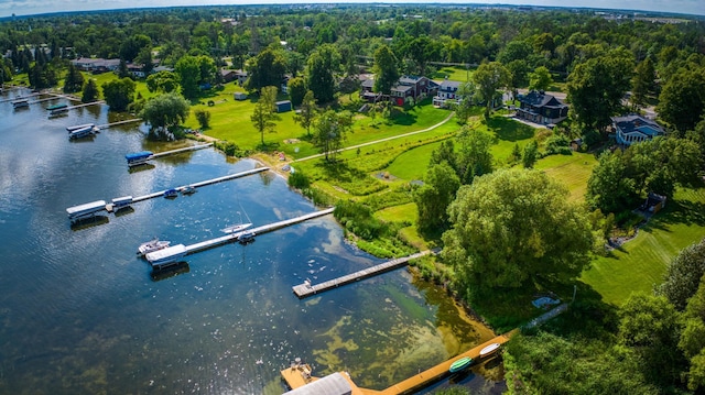 bird's eye view featuring a water view and a forest view