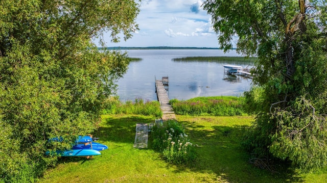 view of water feature with a dock