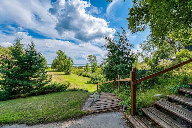 view of community featuring a water view and a yard