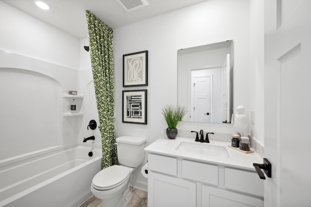 full bath with toilet, shower / bathtub combination with curtain, visible vents, and vanity