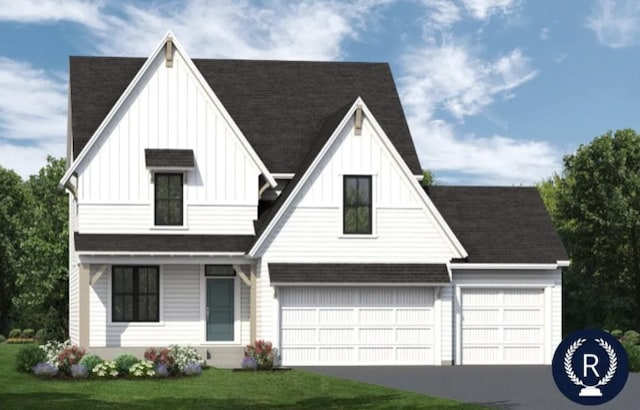 5379 Scenic Loop Run, Victoria, MN 55318 - view of front of property with a shingled roof, driveway, a front yard, and board and batten siding