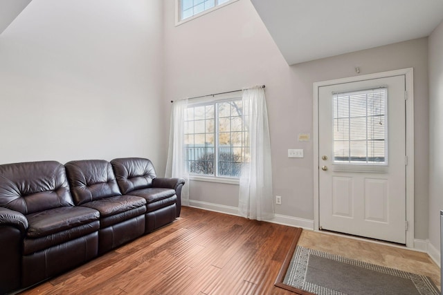 living area with wood finished floors, baseboards, and a wealth of natural light