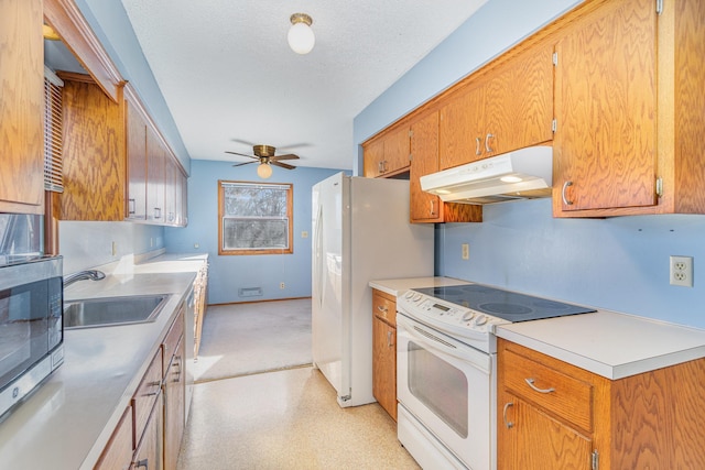 13197 132nd St W, Apple Valley, MN 55124 - kitchen featuring white appliances, under cabinet range hood, a sink, a ceiling fan, and light countertops