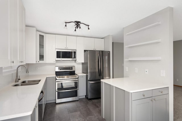 kitchen with appliances with stainless steel finishes, light countertops, white cabinetry, open shelves, and a sink