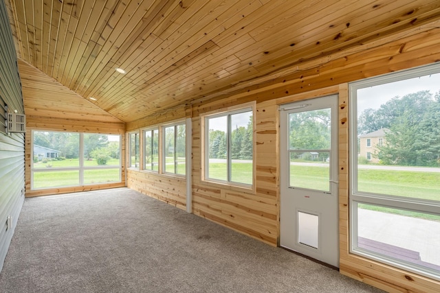 unfurnished sunroom with lofted ceiling and wood ceiling