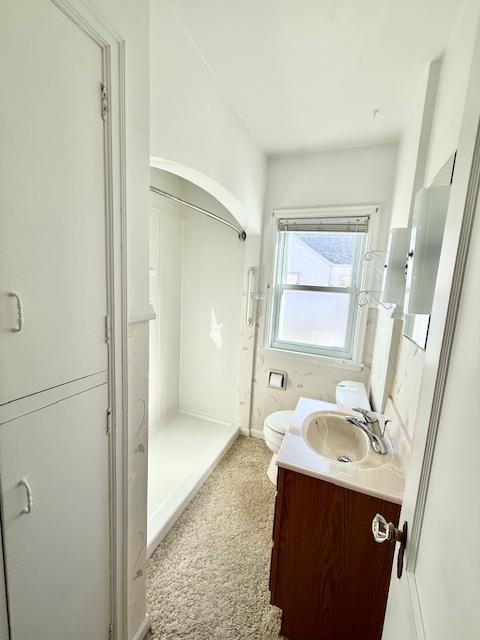 full bathroom featuring toilet, a shower stall, and vanity