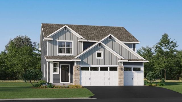 view of front of home featuring aphalt driveway, a front lawn, board and batten siding, and roof with shingles