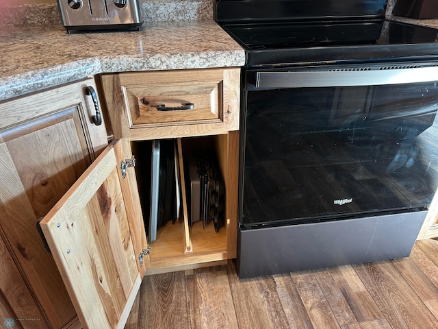 interior details featuring electric range oven and wood finished floors