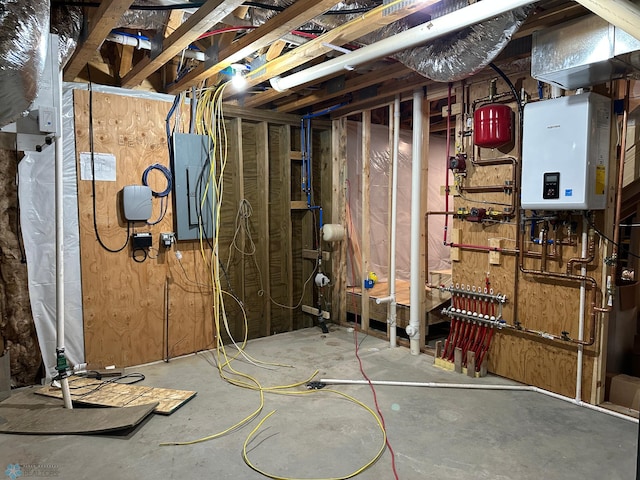 unfinished below grade area featuring tankless water heater and electric panel