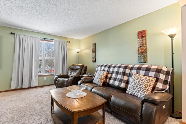 carpeted living area featuring baseboards and a textured ceiling