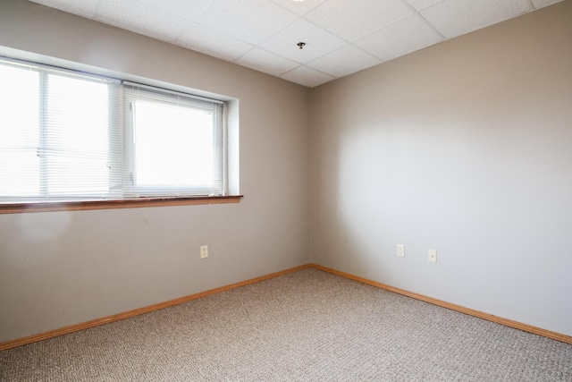 carpeted spare room with a paneled ceiling and baseboards