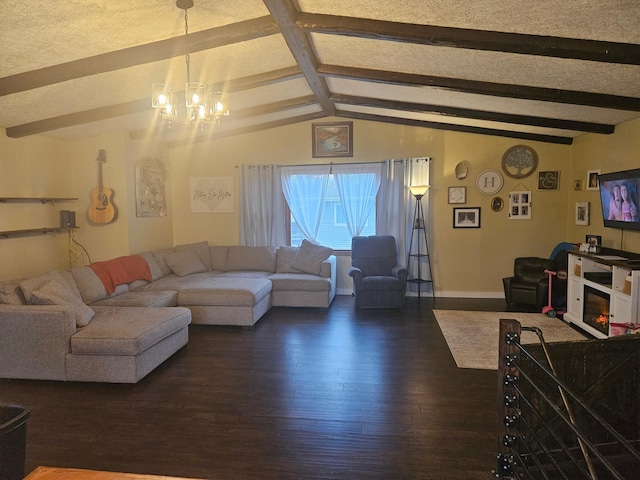 living area with vaulted ceiling with beams, baseboards, wood finished floors, and an inviting chandelier