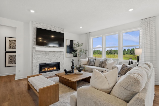 living area with recessed lighting, baseboards, wood finished floors, and a stone fireplace