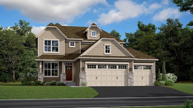 craftsman house with a garage, driveway, a shingled roof, and a front lawn