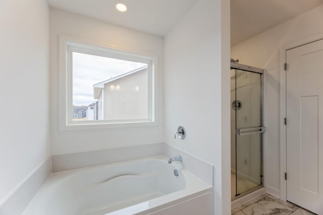 full bath featuring marble finish floor, a stall shower, a bath, and recessed lighting