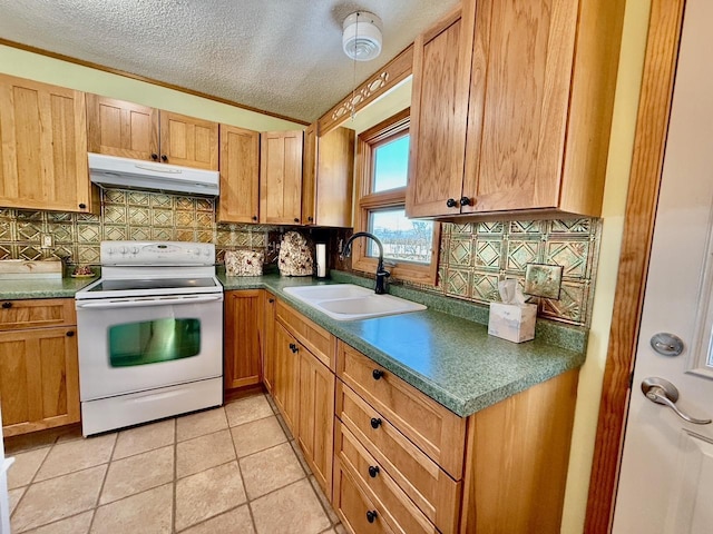 kitchen featuring electric stove, backsplash, a sink, a textured ceiling, and under cabinet range hood