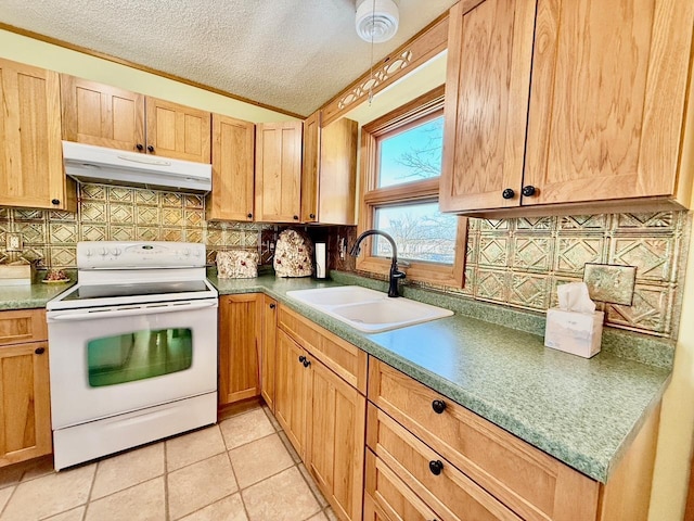 kitchen with decorative backsplash, a textured ceiling, white electric range, a sink, and under cabinet range hood