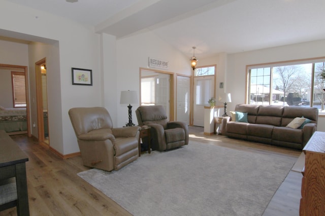 living room featuring light wood-type flooring, a healthy amount of sunlight, vaulted ceiling, and baseboards