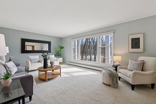 living area with a baseboard radiator, a textured ceiling, ornamental molding, and carpet flooring