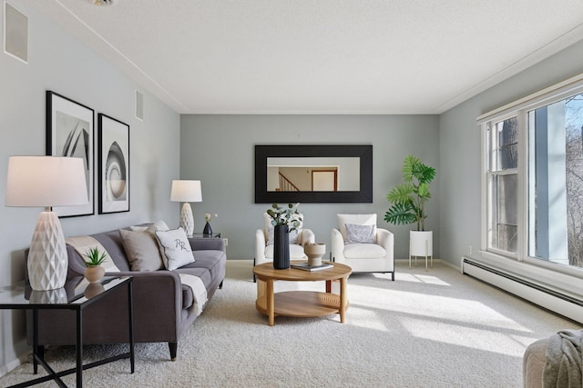 carpeted living room featuring baseboards, visible vents, and a baseboard radiator