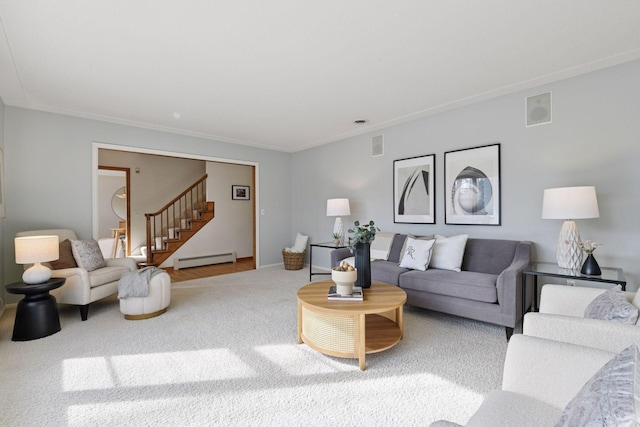 living room with stairs, carpet flooring, visible vents, and a baseboard radiator